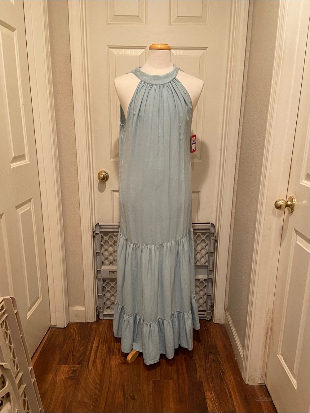 Vince Camuto Sz S;M;L; XL;Maxi Dress Tiered Halter Denim Blue Surf Style 9131993
